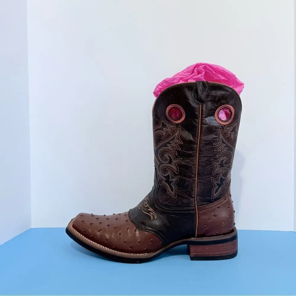 JNV Western Wear Men’s Leather Square Toe Ostrich Print Rodeo Boots Size 11
